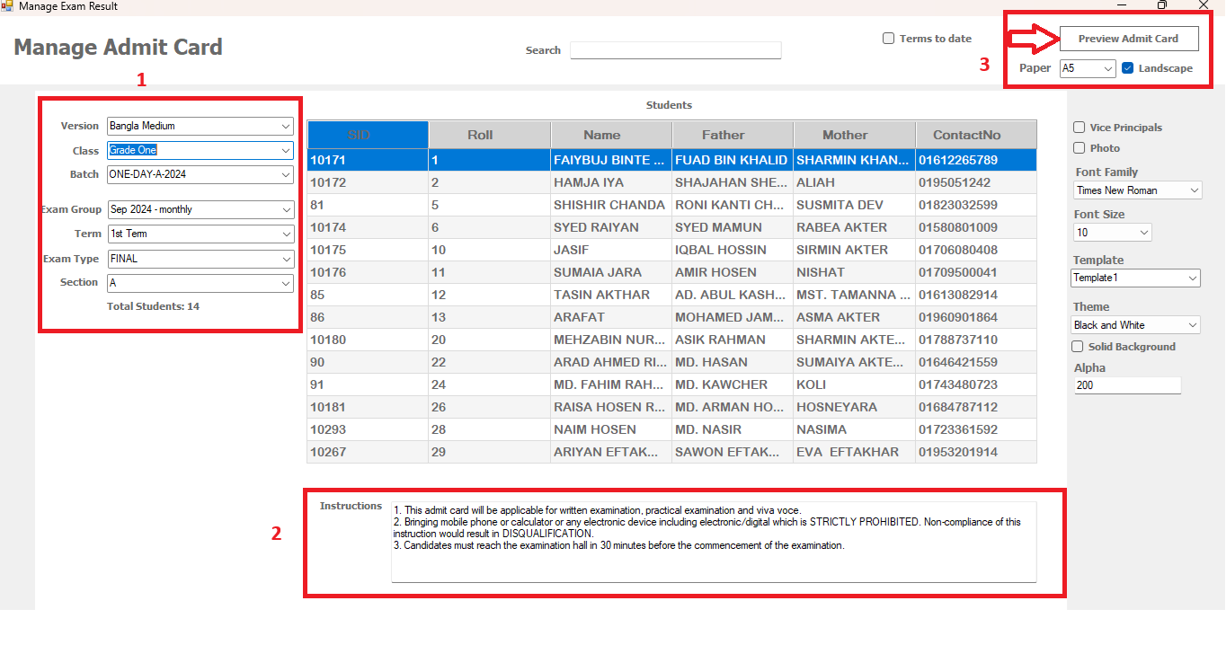 academy manage admitcard 2